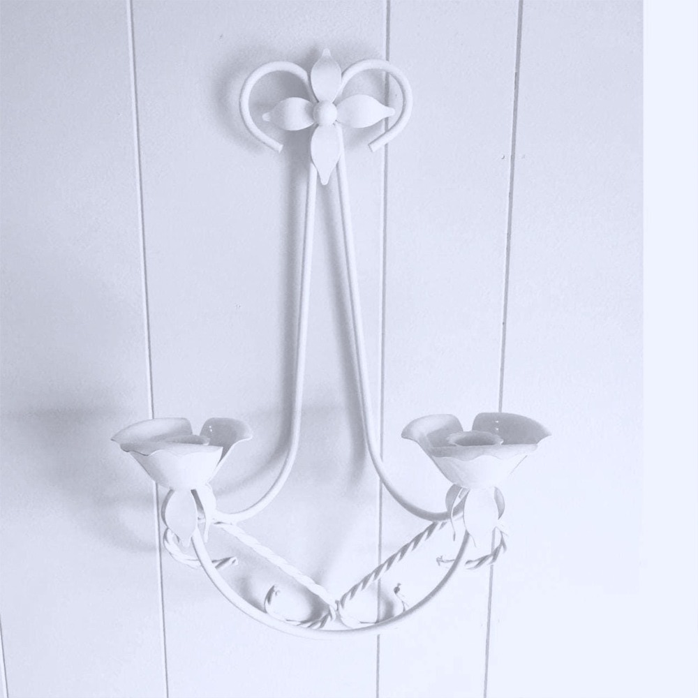 Vintage White Wrought Iron Floral Wall Sconce Double Taper Candle Holder Vottive